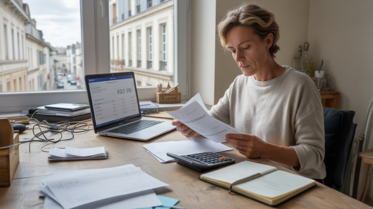 Scène réaliste d’un micro‑entrepreneur examinant son chiffre d’affaires dans un bureau maison lumineux, avec ordinateur, reçus et vue sur rue urbaine française.