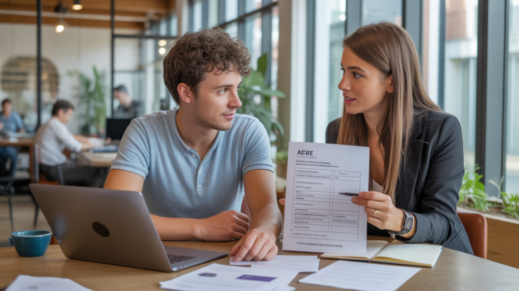 Un jeune entrepreneur français en discussion avec un conseiller dans un espace de coworking lumineux, examinant des documents pour lancer son entreprise.
