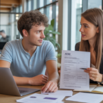 Un jeune entrepreneur français en discussion avec un conseiller dans un espace de coworking lumineux, examinant des documents pour lancer son entreprise.