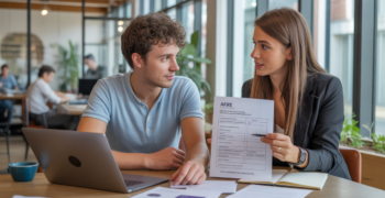 Un jeune entrepreneur français en discussion avec un conseiller dans un espace de coworking lumineux, examinant des documents pour lancer son entreprise.
