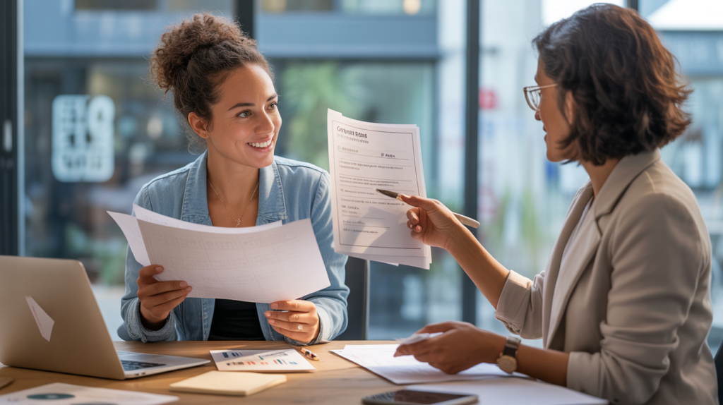 Une entrepreneure en discussion avec une conseillère dans un espace de coworking moderne, illustrant l’accompagnement financier dédié aux femmes créatrices d’entreprise.