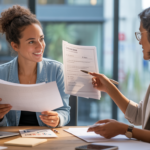 Une entrepreneure en discussion avec une conseillère dans un espace de coworking moderne, illustrant l’accompagnement financier dédié aux femmes créatrices d’entreprise.