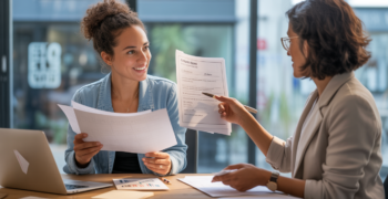 Une entrepreneure en discussion avec une conseillère dans un espace de coworking moderne, illustrant l’accompagnement financier dédié aux femmes créatrices d’entreprise.