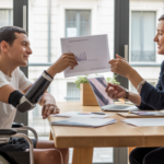 Personne en situation de handicap échangeant avec un conseiller dans un espace de coworking moderne pour préparer un projet de création d’entreprise.