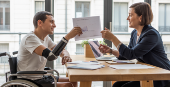 Personne en situation de handicap échangeant avec un conseiller dans un espace de coworking moderne pour préparer un projet de création d’entreprise.