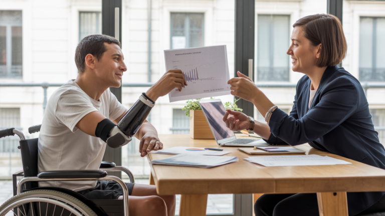 Personne en situation de handicap échangeant avec un conseiller dans un espace de coworking moderne pour préparer un projet de création d’entreprise.