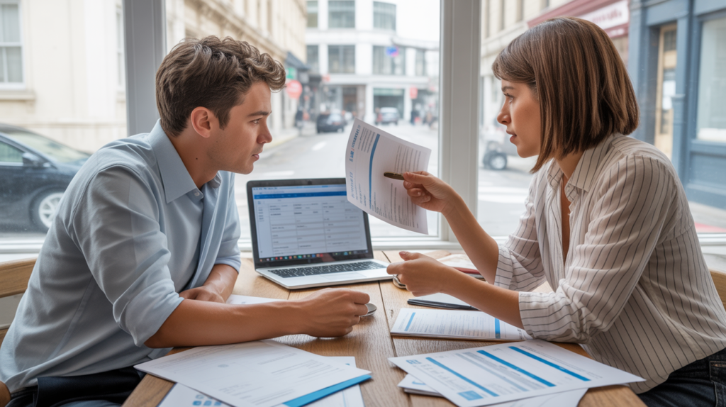 Un entrepreneur discutant avec un conseiller dans un bureau lumineux et réaliste, examinant des documents liés à une aide à la création d’entreprise.