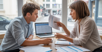 Un entrepreneur discutant avec un conseiller dans un bureau lumineux et réaliste, examinant des documents liés à une aide à la création d’entreprise.
