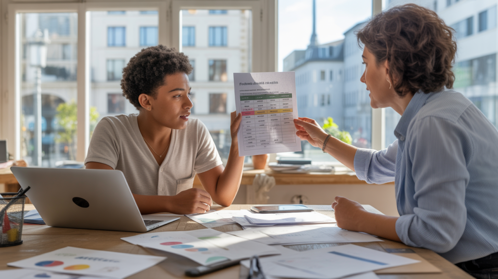 Scène réaliste d’un micro‑entrepreneur recevant des conseils financiers dans un espace de coworking lumineux, avec documents et ambiance authentique.