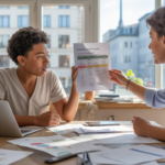 Scène réaliste d’un micro‑entrepreneur recevant des conseils financiers dans un espace de coworking lumineux, avec documents et ambiance authentique.