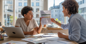 Scène réaliste d’un micro‑entrepreneur recevant des conseils financiers dans un espace de coworking lumineux, avec documents et ambiance authentique.