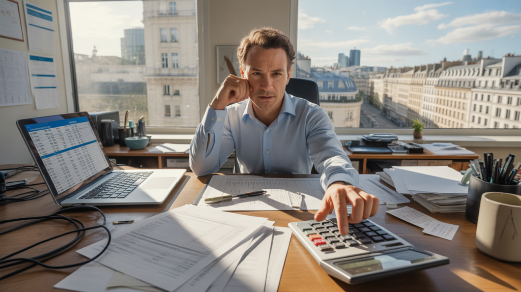 Analyste financier dans un bureau réaliste examinant des documents fiscaux et des calculs d’impôt sur les sociétés avec vue sur de vrais immeubles de bureaux.