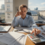 Analyste financier dans un bureau réaliste examinant des documents fiscaux et des calculs d’impôt sur les sociétés avec vue sur de vrais immeubles de bureaux.
