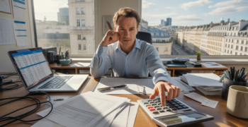 Analyste financier dans un bureau réaliste examinant des documents fiscaux et des calculs d’impôt sur les sociétés avec vue sur de vrais immeubles de bureaux.