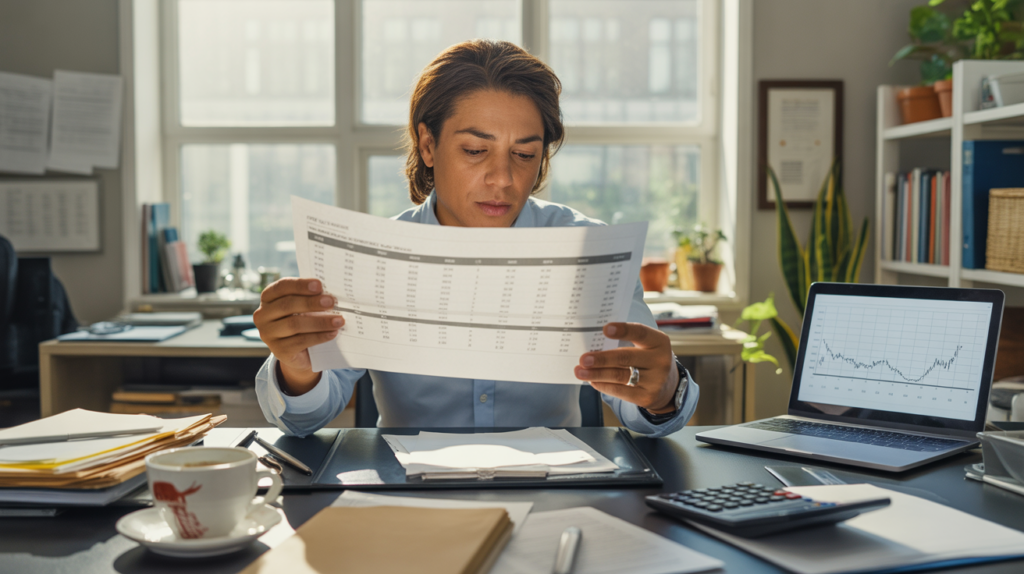 Analyste en bureau examinant un compte de résultat imprimé dans une scène réaliste et lumineuse.
