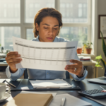 Analyste en bureau examinant un compte de résultat imprimé dans une scène réaliste et lumineuse.