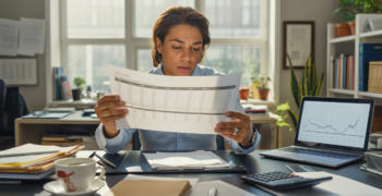 Analyste en bureau examinant un compte de résultat imprimé dans une scène réaliste et lumineuse.