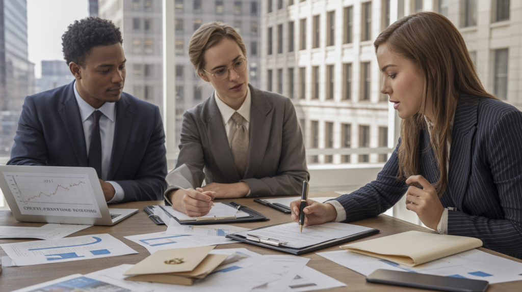 Scène réaliste de professionnels en réunion signant des documents financiers concernant une augmentation de capital dans un bureau lumineux.