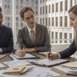 Scène réaliste de professionnels en réunion signant des documents financiers concernant une augmentation de capital dans un bureau lumineux.