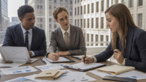 Scène réaliste de professionnels en réunion signant des documents financiers concernant une augmentation de capital dans un bureau lumineux.