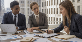 Scène réaliste de professionnels en réunion signant des documents financiers concernant une augmentation de capital dans un bureau lumineux.