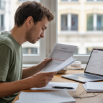 Jeune auto‑entrepreneur français analysant des documents financiers dans un espace de travail lumineux et naturel, préparant une demande d'ACRE.