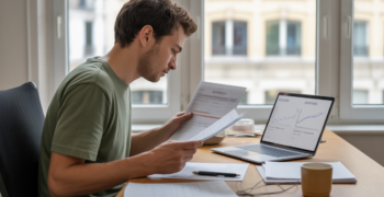 Jeune auto‑entrepreneur français analysant des documents financiers dans un espace de travail lumineux et naturel, préparant une demande d'ACRE.