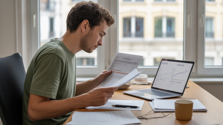 Jeune auto‑entrepreneur français analysant des documents financiers dans un espace de travail lumineux et naturel, préparant une demande d'ACRE.