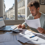 Auto-entrepreneur dans un bureau à domicile en train d’analyser ses documents financiers avec un ordinateur et des factures, dans un cadre urbain français réaliste.