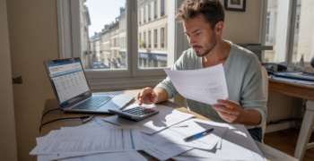 Auto-entrepreneur dans un bureau à domicile en train d’analyser ses documents financiers avec un ordinateur et des factures, dans un cadre urbain français réaliste.