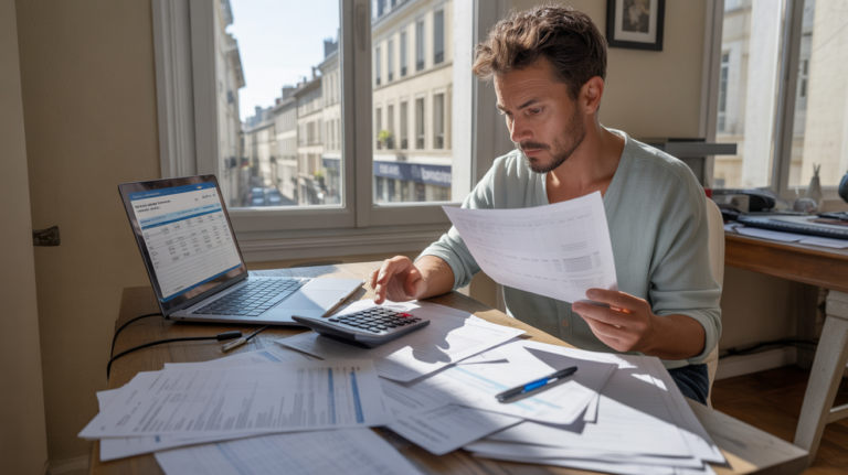 Auto-entrepreneur dans un bureau à domicile en train d’analyser ses documents financiers avec un ordinateur et des factures, dans un cadre urbain français réaliste.