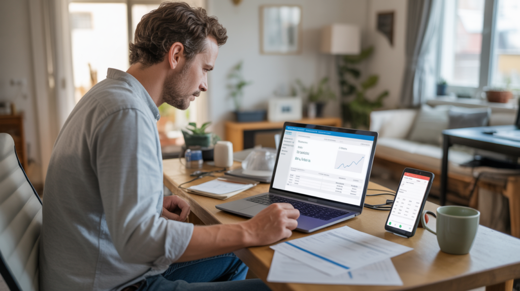 Auto-entrepreneur travaillant dans un bureau à domicile lumineux avec ordinateur affichant des tableaux comptables et un environnement naturel et réaliste.