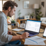 Auto-entrepreneur travaillant dans un bureau à domicile lumineux avec ordinateur affichant des tableaux comptables et un environnement naturel et réaliste.