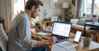Auto-entrepreneur travaillant dans un bureau à domicile lumineux avec ordinateur affichant des tableaux comptables et un environnement naturel et réaliste.