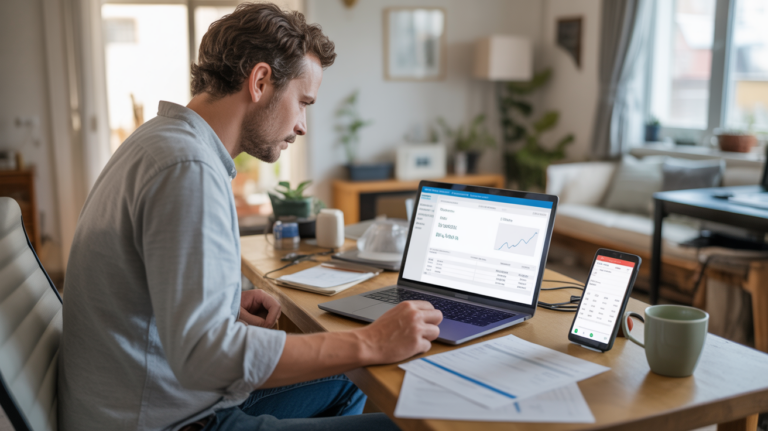 Auto-entrepreneur travaillant dans un bureau à domicile lumineux avec ordinateur affichant des tableaux comptables et un environnement naturel et réaliste.