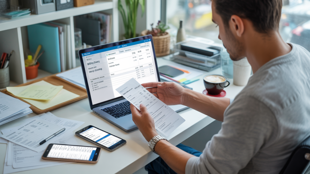 Auto-entrepreneur travaillant dans un bureau lumineux en comparant différents logiciels de facturation sur un ordinateur portable.