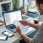 Auto-entrepreneur travaillant dans un bureau lumineux en comparant différents logiciels de facturation sur un ordinateur portable.