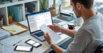 Auto-entrepreneur travaillant dans un bureau lumineux en comparant différents logiciels de facturation sur un ordinateur portable.