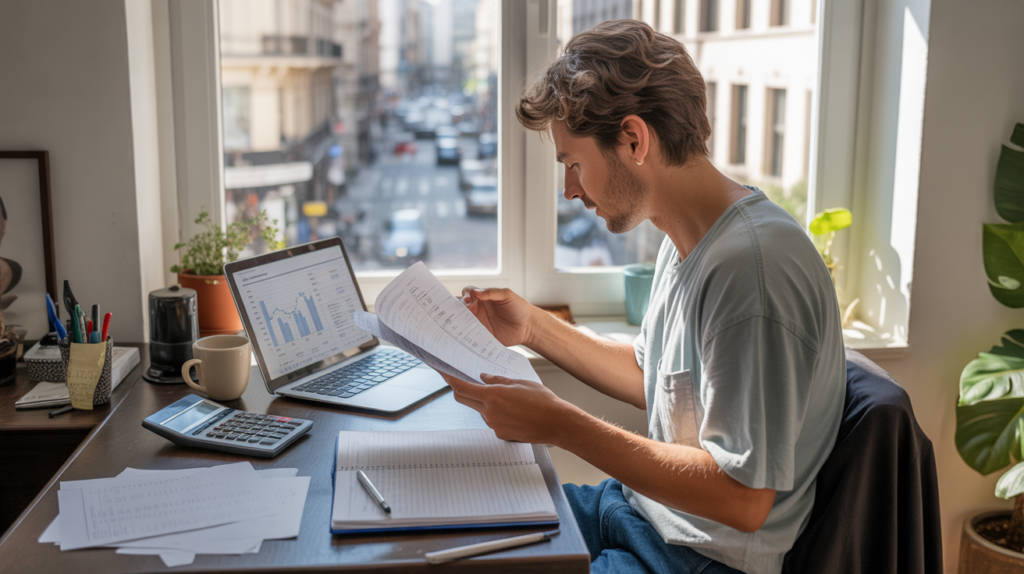 Auto-entrepreneur travaillant dans un bureau lumineux à domicile, examinant des documents comptables simples dans une scène réaliste et naturelle.
