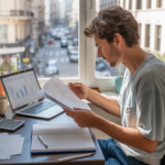 Auto-entrepreneur travaillant dans un bureau lumineux à domicile, examinant des documents comptables simples dans une scène réaliste et naturelle.
