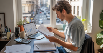 Auto-entrepreneur travaillant dans un bureau lumineux à domicile, examinant des documents comptables simples dans une scène réaliste et naturelle.