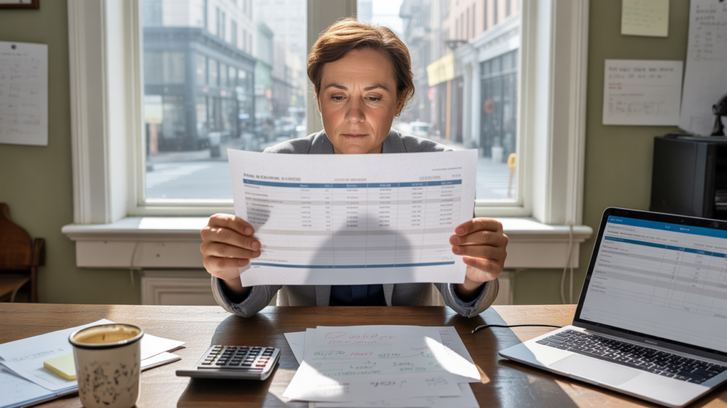 Scène réaliste d’une personne non comptable analysant un bilan dans un bureau lumineux et authentique