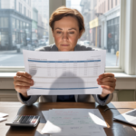 Scène réaliste d’une personne non comptable analysant un bilan dans un bureau lumineux et authentique