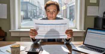 Scène réaliste d’une personne non comptable analysant un bilan dans un bureau lumineux et authentique