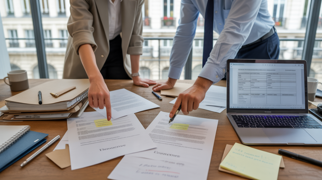 Scène réaliste dans un bureau où deux professionnels examinent des documents légaux pour modifier l’objet social d’une entreprise.