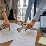 Scène réaliste dans un bureau où deux professionnels examinent des documents légaux pour modifier l’objet social d’une entreprise.