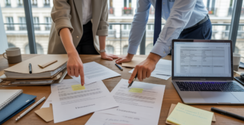 Scène réaliste dans un bureau où deux professionnels examinent des documents légaux pour modifier l’objet social d’une entreprise.