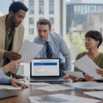 Scène réaliste d’une équipe en entreprise examinant des documents pour un changement de siège social dans un bureau moderne avec vue sur la ville.