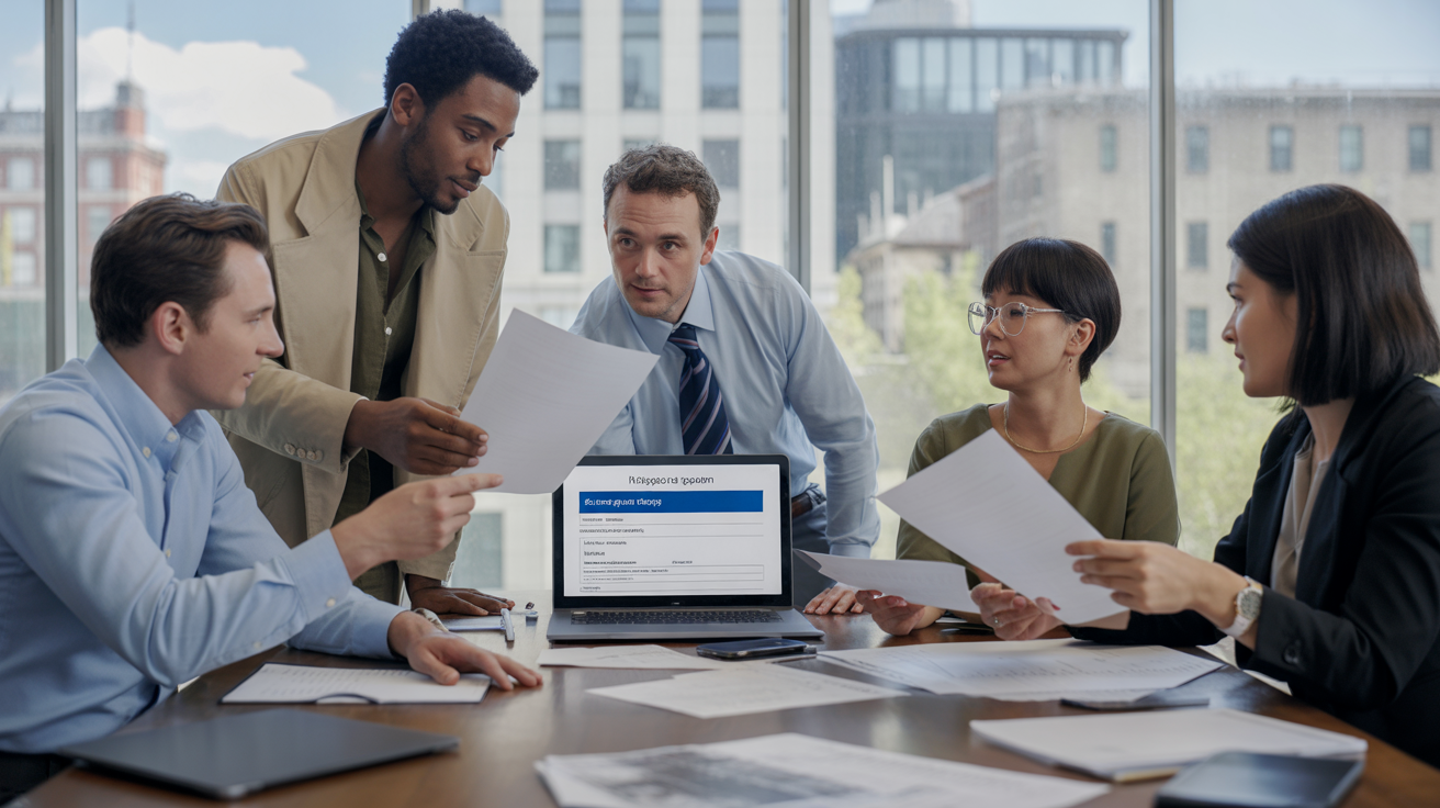 Scène réaliste d’une équipe en entreprise examinant des documents pour un changement de siège social dans un bureau moderne avec vue sur la ville.