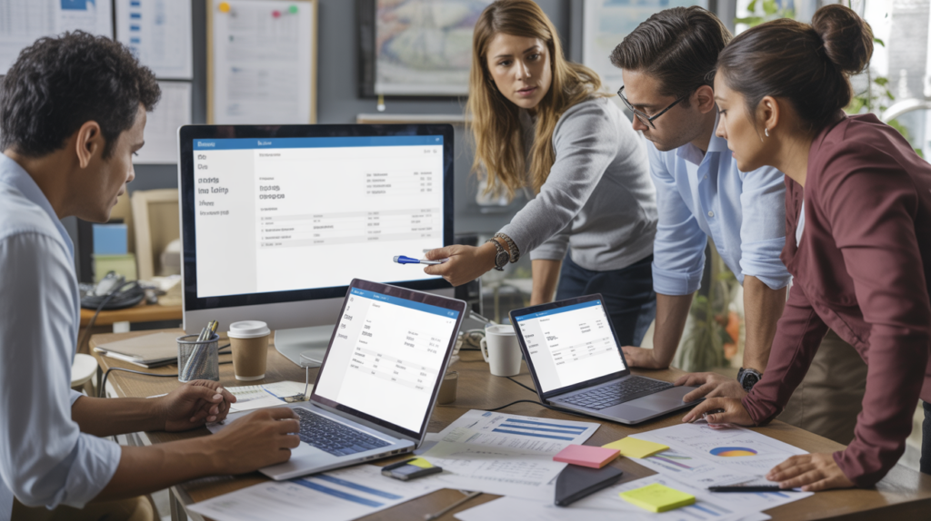 Scène de bureau réaliste montrant une équipe de PME comparant des logiciels de facturation autour d’une table, avec écrans et documents dans un environnement de travail authentique.
